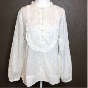 J.Crew Floral Eyelet Ruffled White Bib Front Long Sleeve Top Size Small.